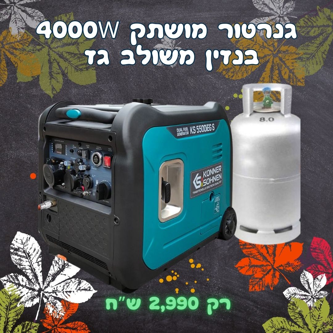 גנרטור מושתק אינוורטר מנוע בנזין משולב גז 4000W חד פאזי מבית K&S BASIC גרמניה
